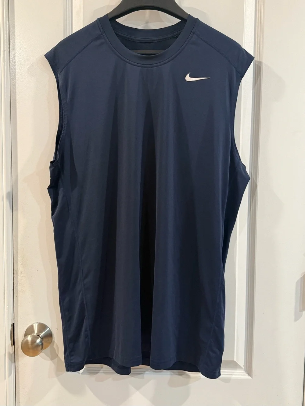 Nike Dri Fit Men’s Navy Sleeveless Swim/Training Tank with White Swoosh